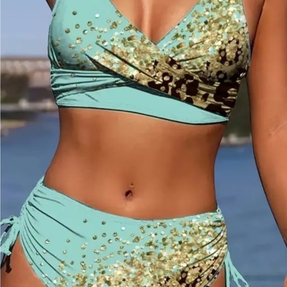 Stylish Women's Swimwear in Aqua and Gold